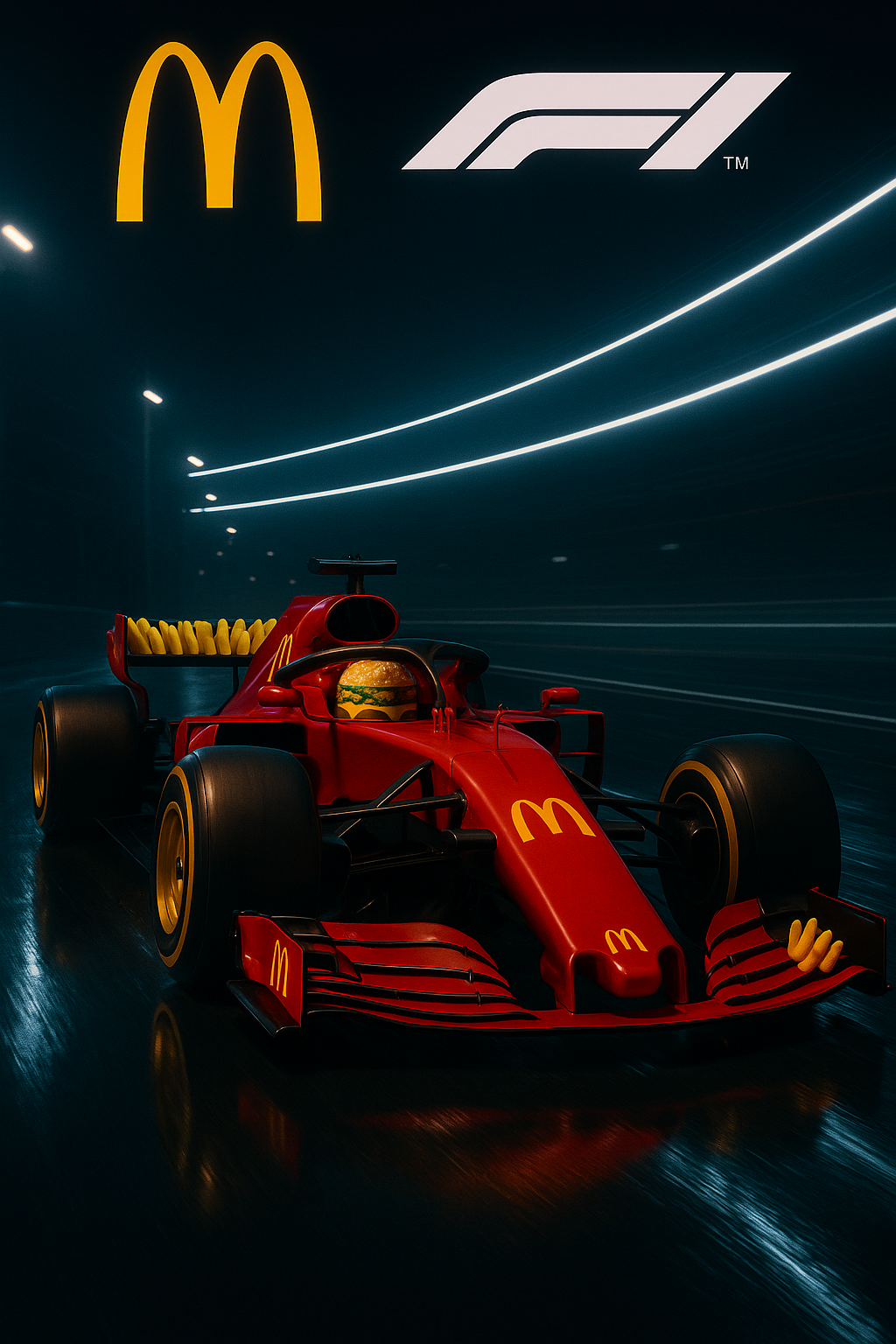 Carro de F1 da McDonald's em um túnel de alta velocidade com um hambúrguer como piloto.