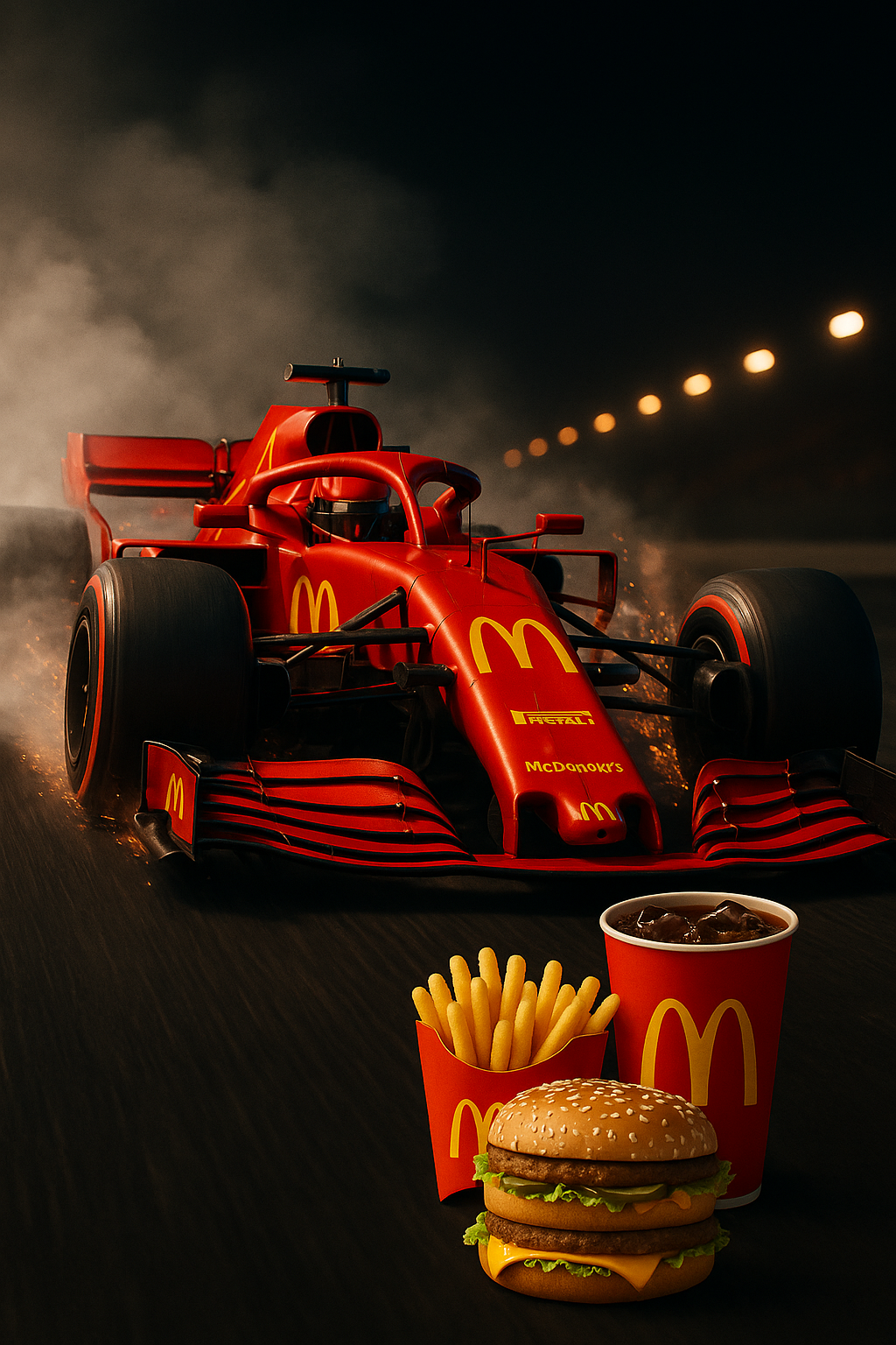 Carro de F1 da McDonald's com um combo de Big Mac, batatas e refrigerante em primeiro plano.