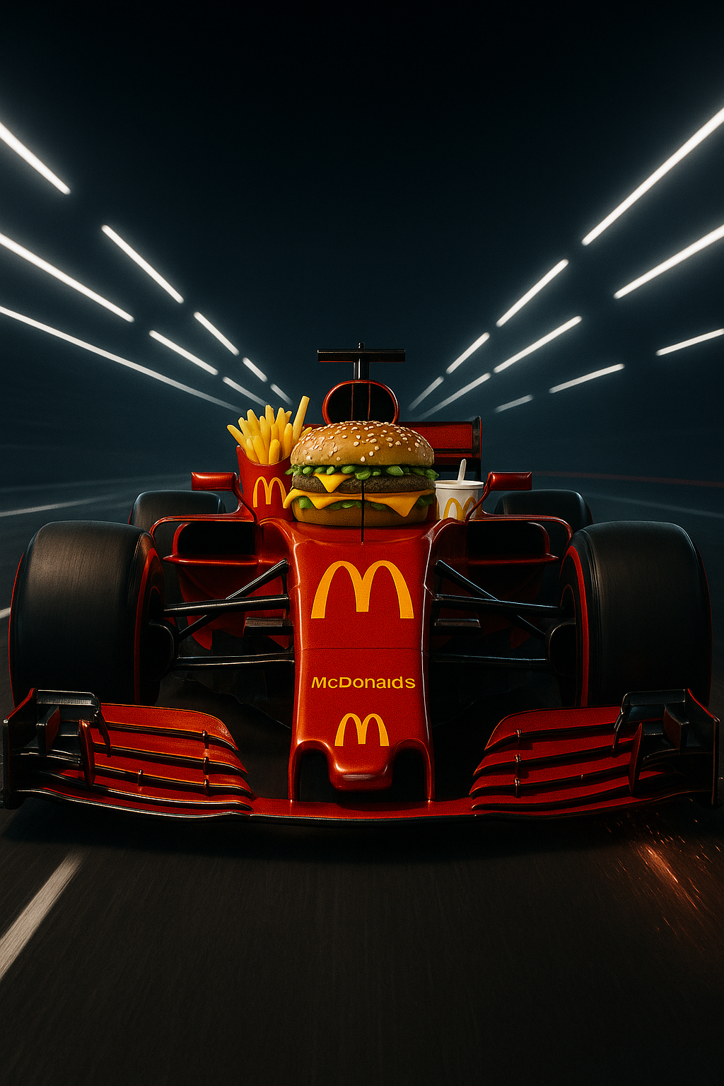 Visão frontal de um carro de F1 da McDonald's com um combo completo sobre ele.