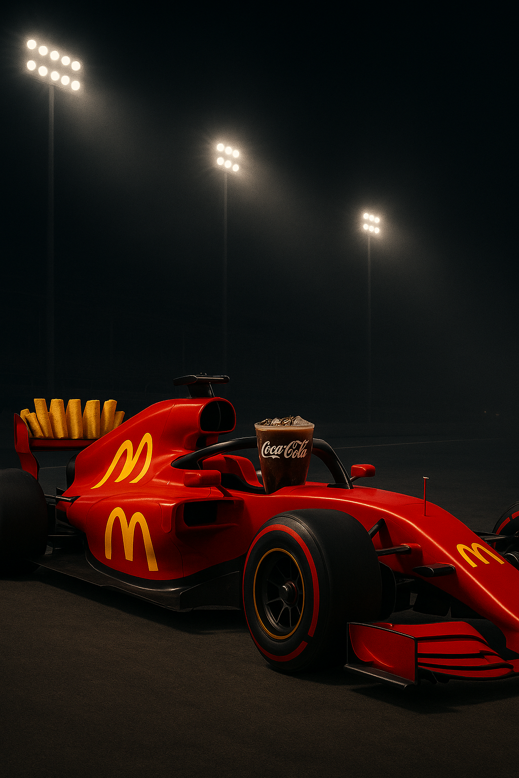 Carro de F1 da McDonald's sob os holofotes da pista, com batatas fritas no aerofólio.