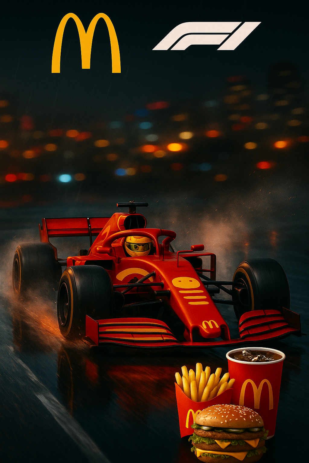 Carro de F1 da McDonald's correndo na chuva em uma cidade à noite.