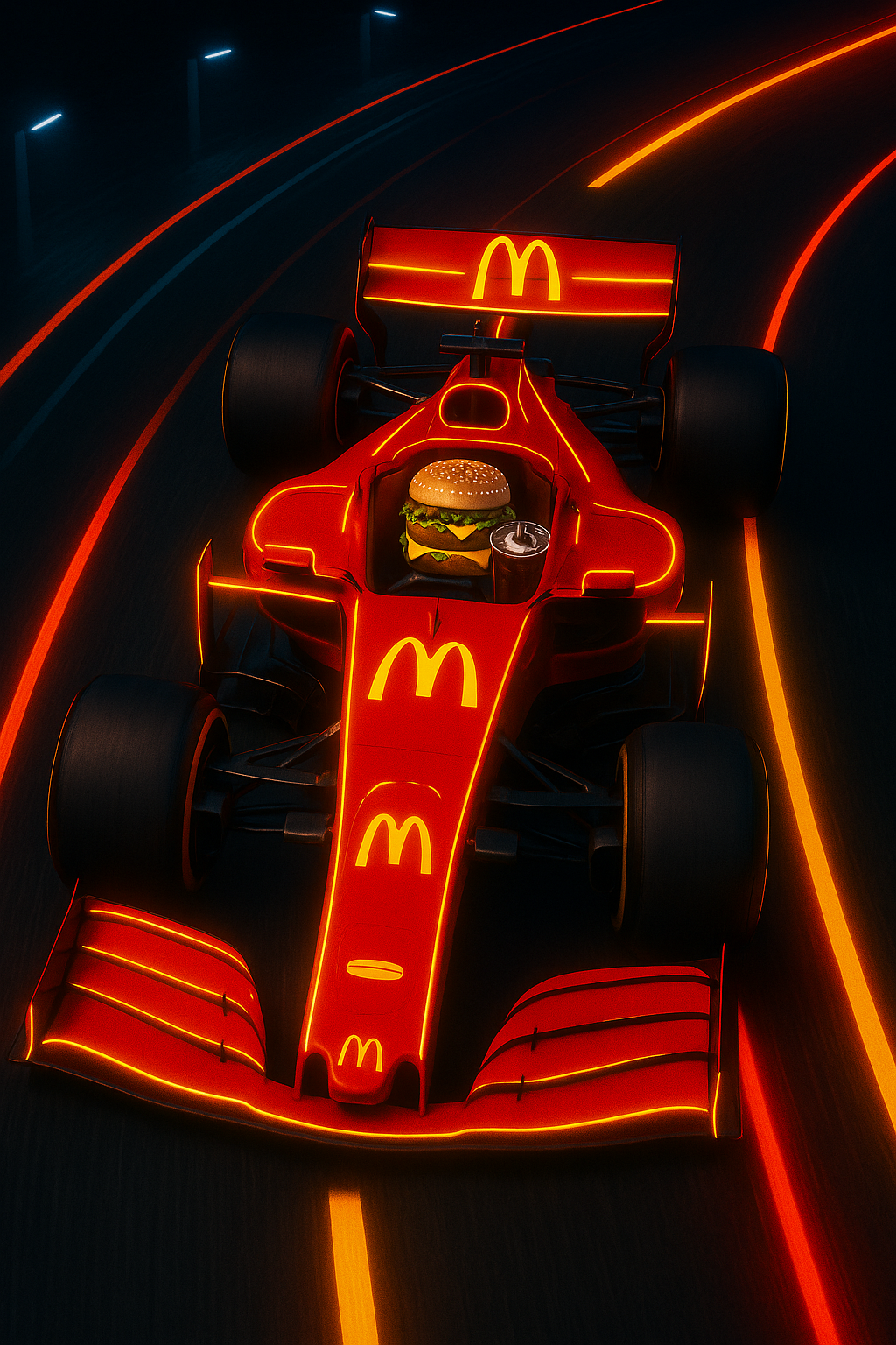 Visão de cima de um carro de F1 da McDonald's com contornos de neon.